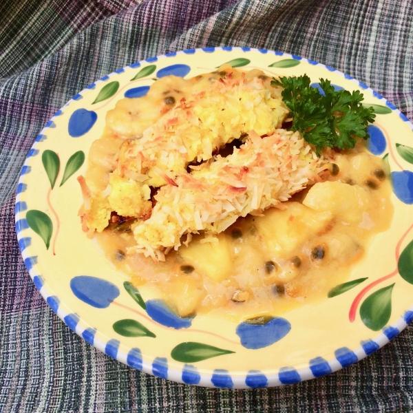 Baked Coconut Chicken Fingers with Passion Fruit Sauce