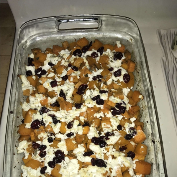 Roasted Squash and Sweet Potatoes with Goat Cheese