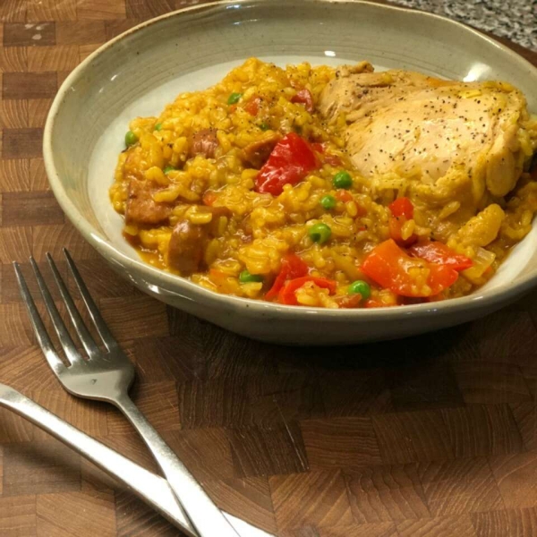 Pressure Cooker Paella with Chicken Thighs and Smoked Sausage