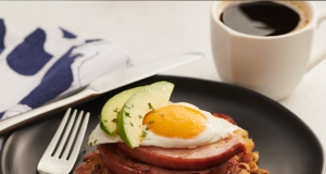 Bacon Potato Cakes with Ham Steak, Egg, and Sliced Avocado