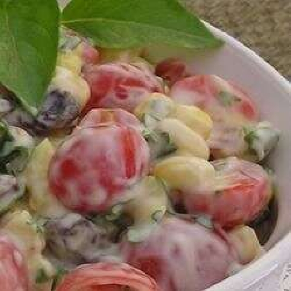 Creamy Cherry Tomato Salad with Fresh Basil, Corn and Onion