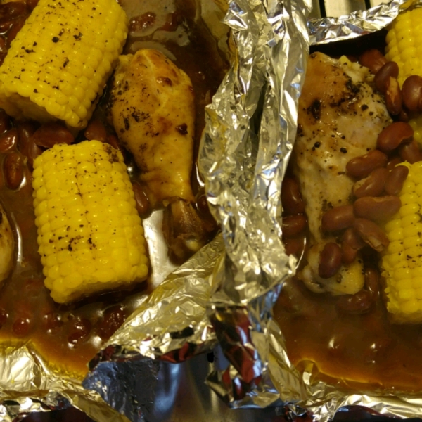 Foiled BBQ Chicken with Corn on the Cob and Pinto Beans