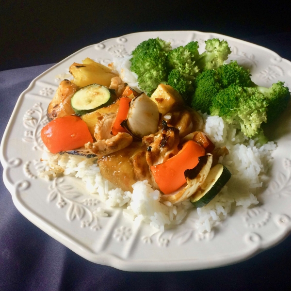 Grilled Orange Chicken Thigh Skewers with Pineapple and Vegetables