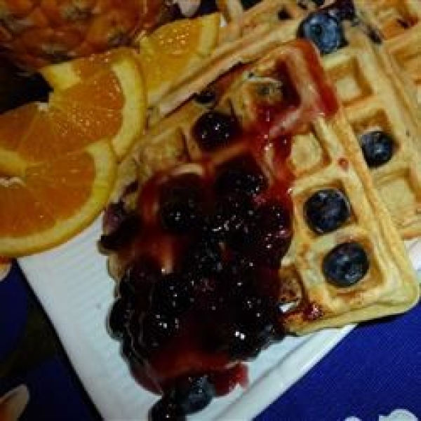 Blueberry Waffles with Fast Blueberry Sauce