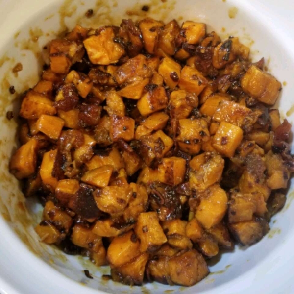 Maple Glazed Sweet Potatoes with Bacon and Caramelized Onions