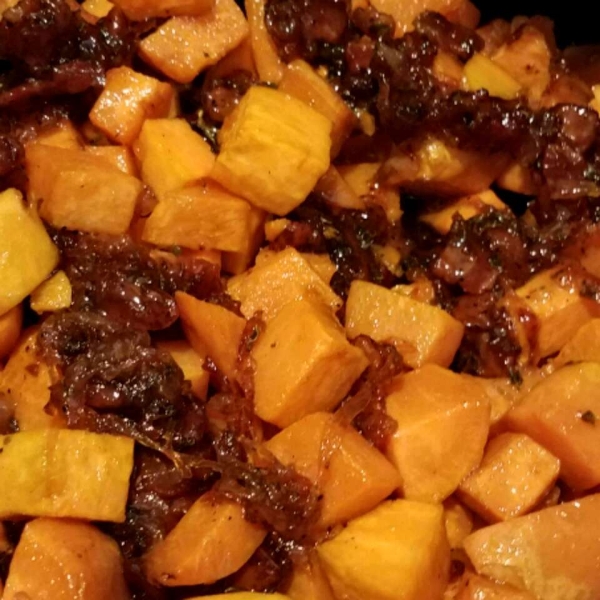 Maple Glazed Sweet Potatoes with Bacon and Caramelized Onions