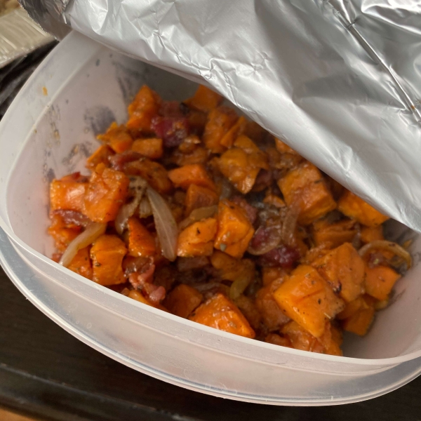 Maple Glazed Sweet Potatoes with Bacon and Caramelized Onions