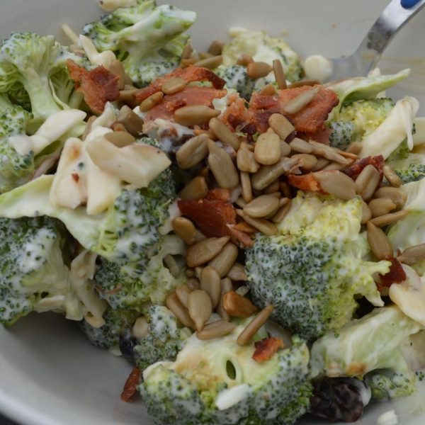 Broccoli Salad with Red Grapes, Bacon, and Sunflower Seeds