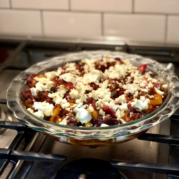 Sausage, Bell Pepper, and Feta Polenta Casserole