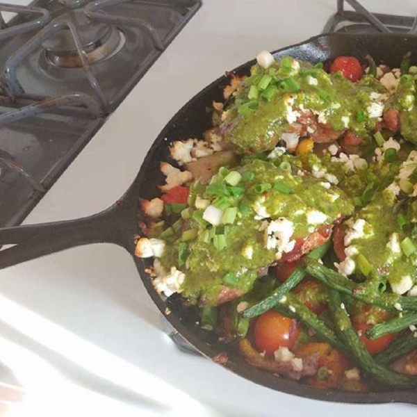 One-Skillet Chicken Thighs with Pesto and Vegetables
