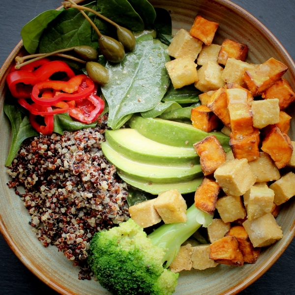 Quinoa Salad with Crispy Tofu Cubes and Lime Vinaigrette