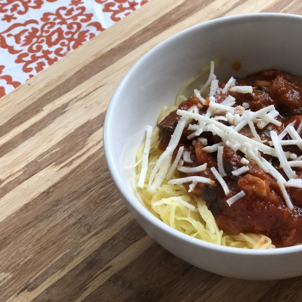 Easy Instant Pot® Vegan Low-Carb Spaghetti Squash with Mushroom Ragu