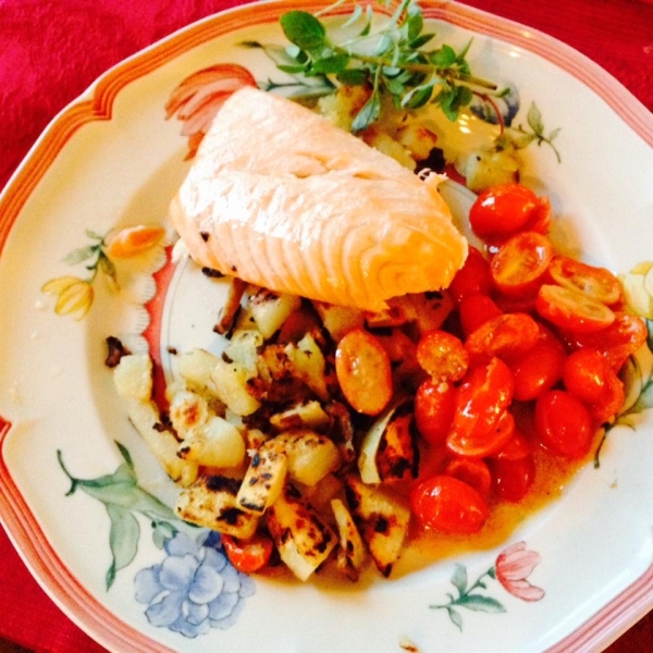 Crispy-Skin Salmon on Potato Mushroom Salad