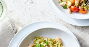 Pesto Risotto with Cannellini Beans, Tomatoes, and Poached Eggs