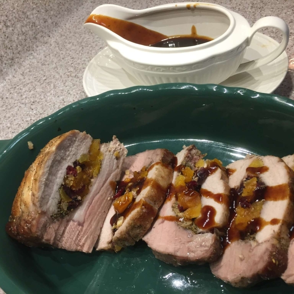 Apricot and Cranberry Stuffed Roast Pork Loin With Port Wine Pan Sauce