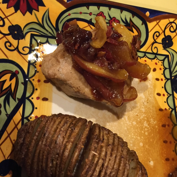 Pan Seared Pork Chops Topped with Brown Sugar Glazed Apples and Bacon
