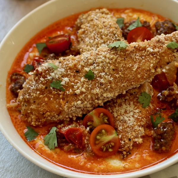 Spicy Oven-Fried Chicken with Cheese Grits and Chorizo Reduction