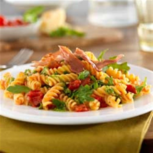 Gluten Free Rotini with Crispy Prosciutto, Pesto & Arugula