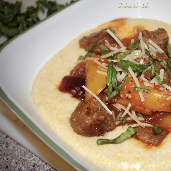 Sausage and Peppers over Creamy Parmesan Polenta