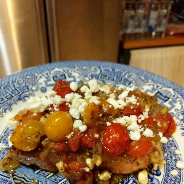 Pork Chops with Fresh Tomato, Onion, Garlic, and Feta