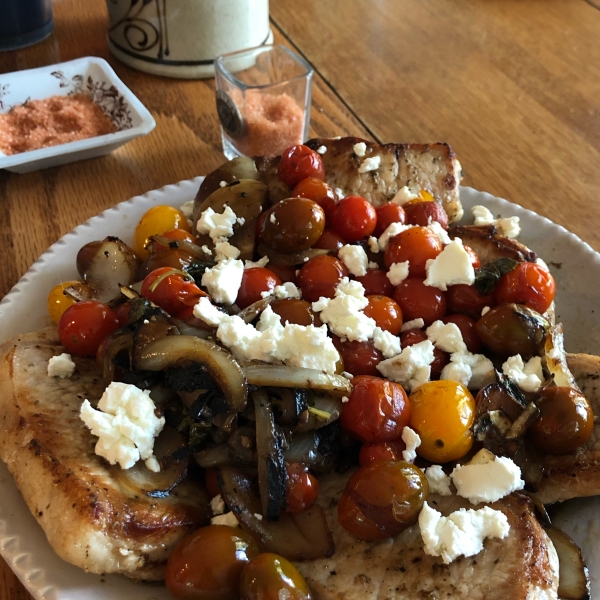 Pork Chops with Fresh Tomato, Onion, Garlic, and Feta