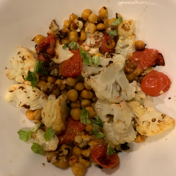 Easy Vegan Sheet Pan Roasted Cauliflower, Tomatoes, and Garbanzo Beans