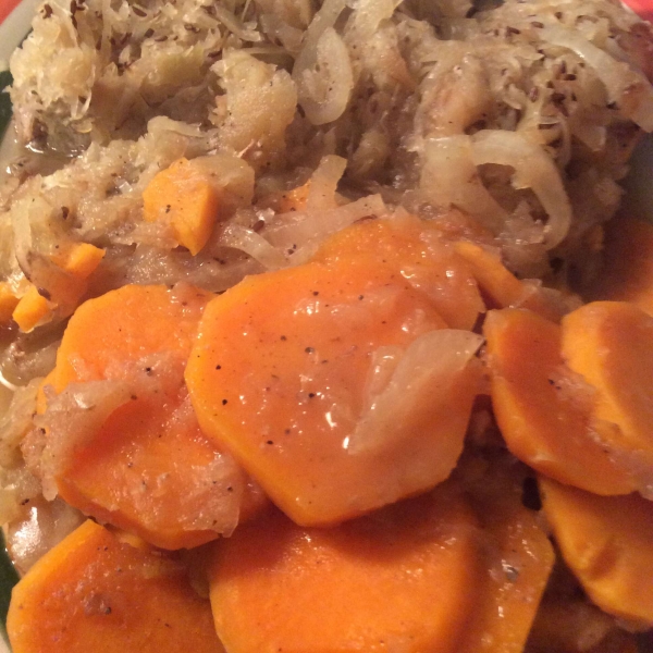 Pork Chops with Apples, Sweet Potatoes, and Sauerkraut