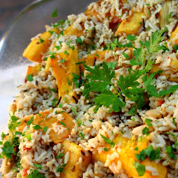 Balsamic Roasted Fennel and Acorn Squash Rice Casserole
