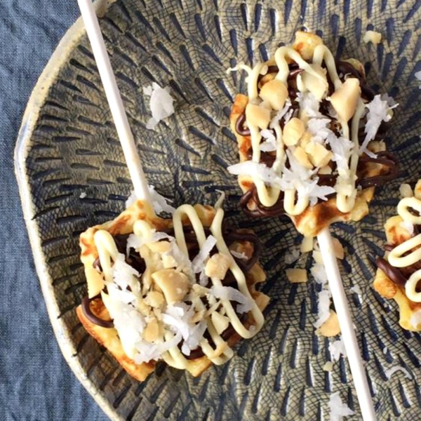 Mini Waffle Pops with Chocolate, Coconut, and Macadamia Nuts