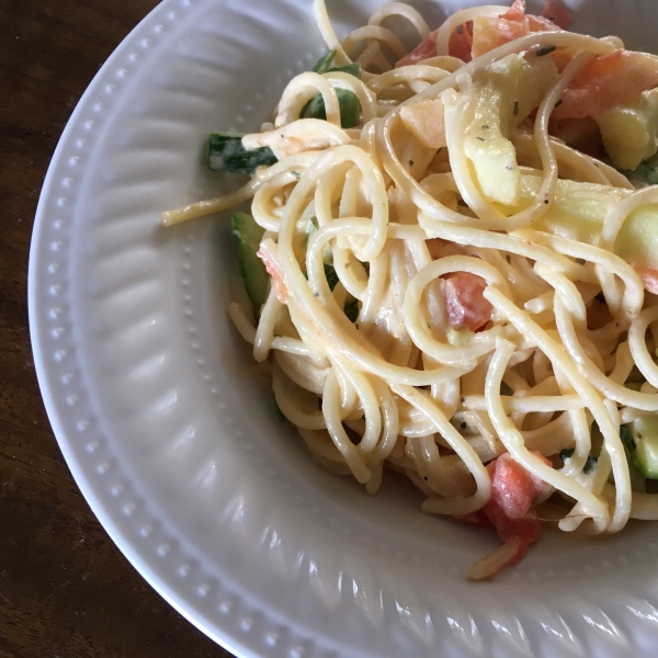 Easy Vegetarian Spaghetti with Zucchini, Tomato, and Feta