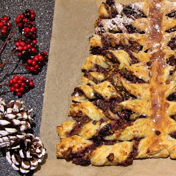Cherry, Coconut, and Pistachio Puff Pastry Christmas Tree