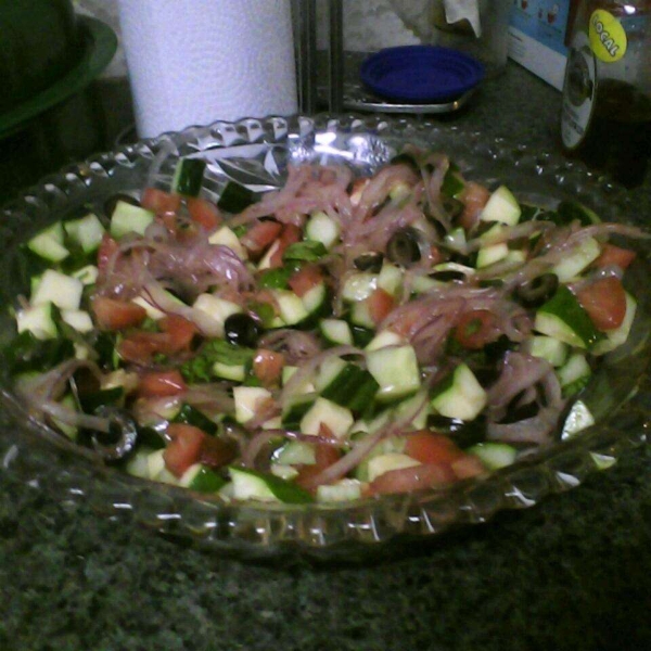 Cucumber Tomato Salad with Zucchini and Black Olives in Lemon Balsamic Vinaigret