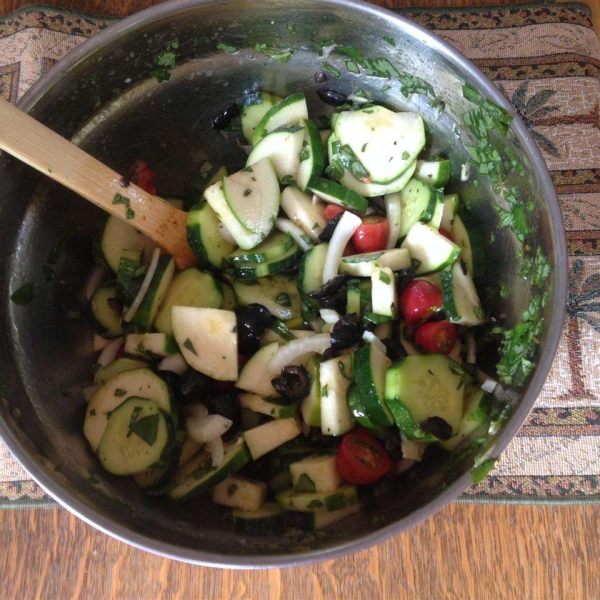 Cucumber Tomato Salad with Zucchini and Black Olives in Lemon Balsamic Vinaigret