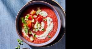 Watermelon Tomato Gazpacho with a Cool Cucumber Swirl