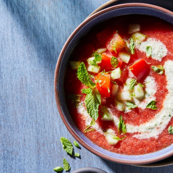 Watermelon Tomato Gazpacho with a Cool Cucumber Swirl