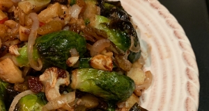 Roasted Brussels Sprouts with Apples, Golden Raisins, and Walnuts