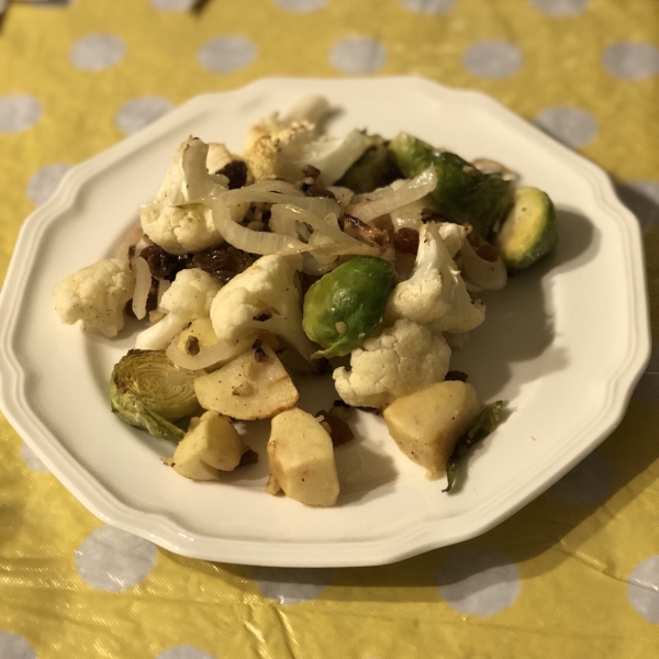 Roasted Brussels Sprouts with Apples, Golden Raisins, and Walnuts