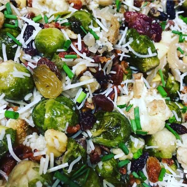 Roasted Brussels Sprouts with Apples, Golden Raisins, and Walnuts