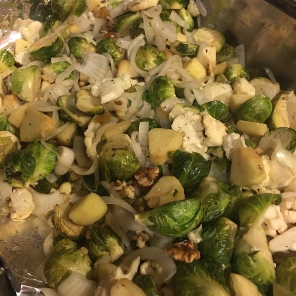 Roasted Brussels Sprouts with Apples, Golden Raisins, and Walnuts