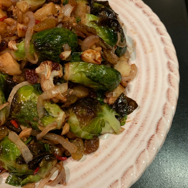 Roasted Brussels Sprouts with Apples, Golden Raisins, and Walnuts