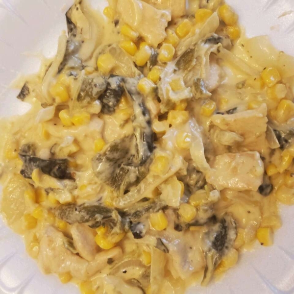 Rajas con Crema, Elote, y Queso (Creamy Poblano Peppers and Sweet Corn)