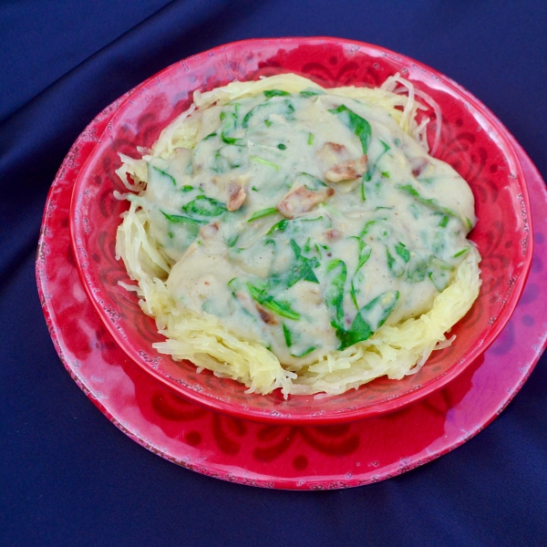 Paleo Spaghetti Squash with Spinach and Bacon Cream