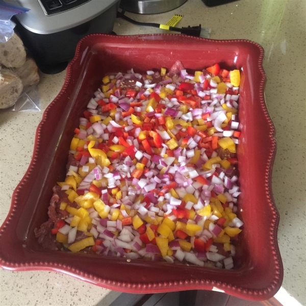 Churrasco (Stewed Skirt Steak) with Peppers and Onions