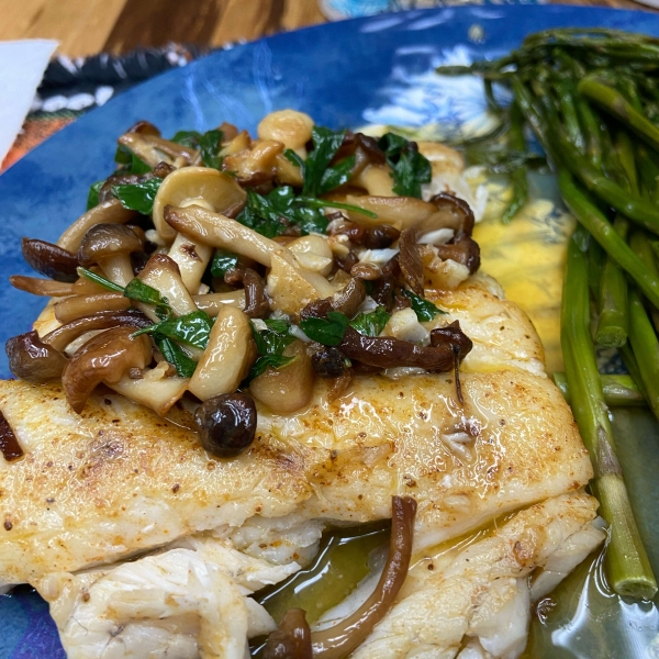 Pan-Roasted Halibut with Clamshell Mushrooms and Lemon Butter Sauce