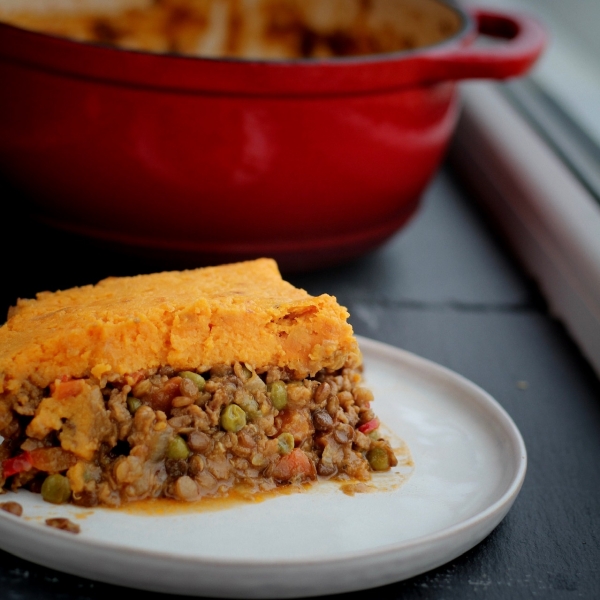 Dutch Oven Plant-Based Cottage Pie with Sweet Potatoes