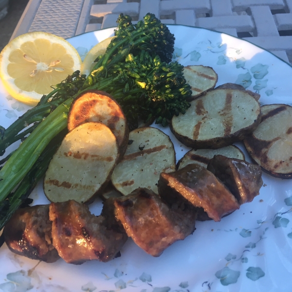 Grilled Steak with Blue Cheese, Potatoes, and Broccolini