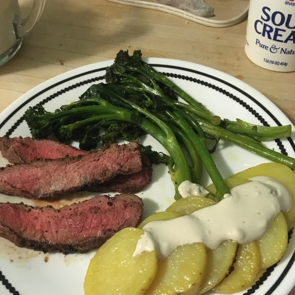 Grilled Steak with Blue Cheese, Potatoes, and Broccolini