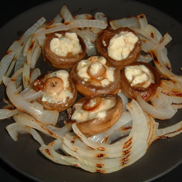 Blue Cheese Stuffed Mushrooms with Grilled Onions