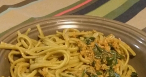 Garlic Scape Pesto on Spinach Linguine