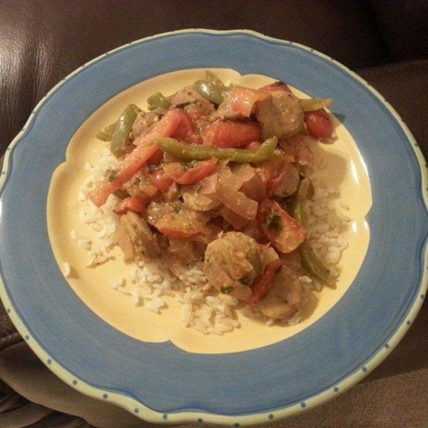 Spicy Sausage and Peppers Over Rice